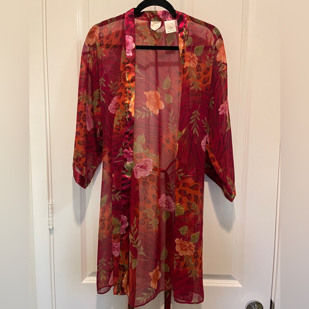 Vintage Sophia By Delicates Floral Robe Romantic Sheer Lingerie Red